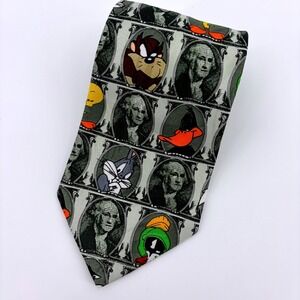 Looney Tunes Man Tie George Washington Dollar Bill Print Polyester Woven Necktie